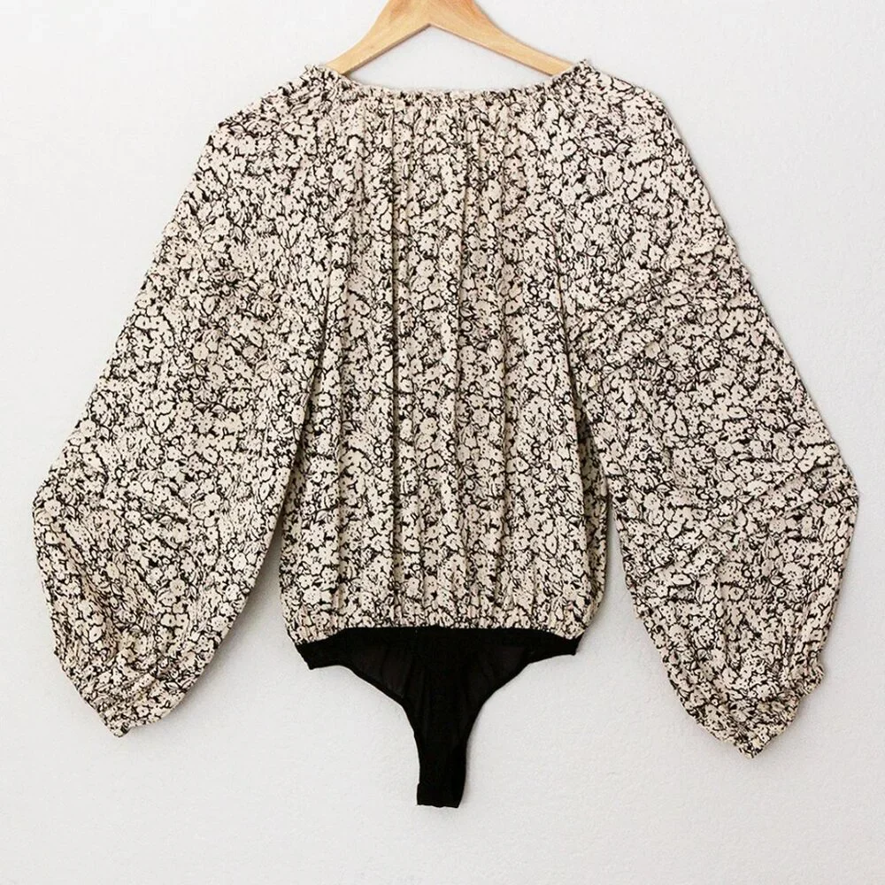 Free People FP Intimately All Tucks Printed Bodysuit XS Long Balloon Sleeves $78